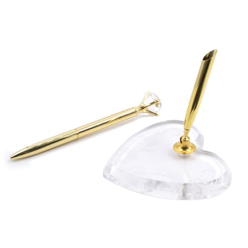 QoTang Stylo Diamant,Stylo de Mariage Signature avec Support Porte-stylo Rond Creux Réception Base Acrylique pour Mariage, Enseignant,Fiançailles