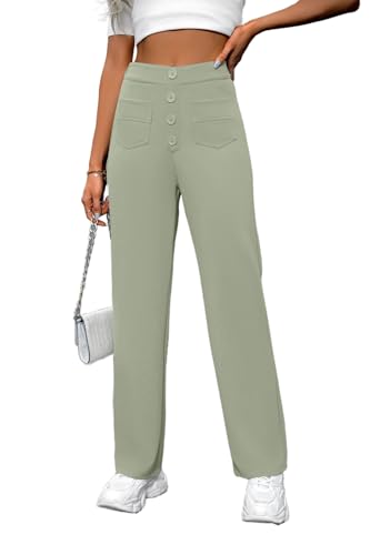 Women's Casual High Waist Button Down Straight Long Pants Loose Comfy Business Office Work Dress Pants with Pockets