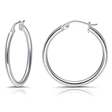 Hoops & Loops Sterling Silver 2mm High Polished Round Hoop Earrings, 30mm