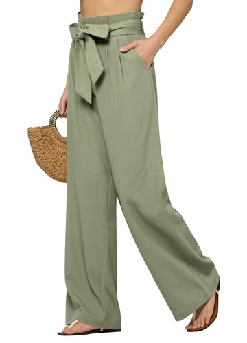 Women Linen Pants 2025 Paperbag Wide Leg Dress Pants High Waisted Work Slacks Tie Knot with Pockets 28"/30"/ 32"2