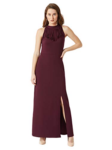Image of Miss Chase Women's Designer Wine Red Fringed Halter Neck Sleeveless Solid Maxi Front Slit Dress