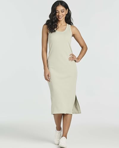 Image of Real Essentials 3 Pack: Women's Ribbed Knit Sleeveless Crew Neck Tank Casual Midi Shift Dress with Slit