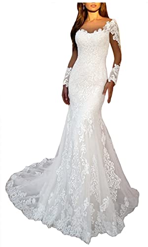 Fanciest Women's Lace Mermaid Long Sleeve Wedding Dresses for Bride 2025 White Bridal Gowns US16