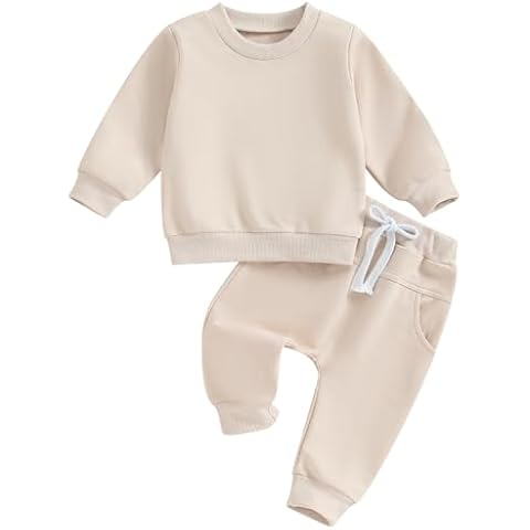 Tiaham Baby Boy Clothes Girl Outfits Fashion Sweatshirt Sweat Pant Kids Toddler Tops Pant Sets (Beige, 0-6 Months) Cover