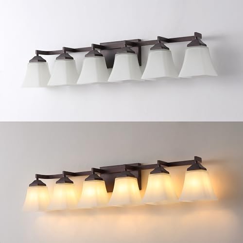 Image of JONATHAN Y 39.5 inch Oil Rubbed Bronze White 6-Light Metal Glass Rectangular Vanity Light Wall Sconce Traditional Transitional for Bathroom with Frosted Glass Shade Damp Rated LED Bulbs Included JYL7623A