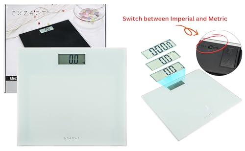 EXZACT Digital Bathroom Scale/Electronic Weighing Scale - Ultra Slim 1.7 CM Thickness -150 kg / 330 lb - Colour Glass Platform (White)