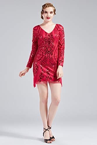 BABEYOND 1920s Flapper Long Sleeves Dress Great Gatsby Fringed Sequins Dress for Prom Party (Rose Red, X-Large)