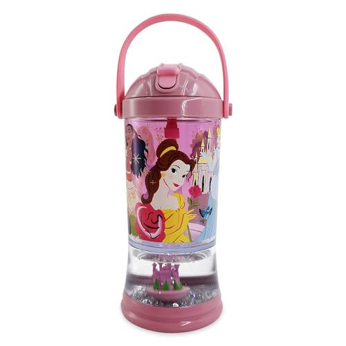 Disney Store Botella de agua oficial de Disney Princess Snow Globe, 310 ml, para niños con popote abatible y tapa de rosca, adecuada para mayores de 4 años