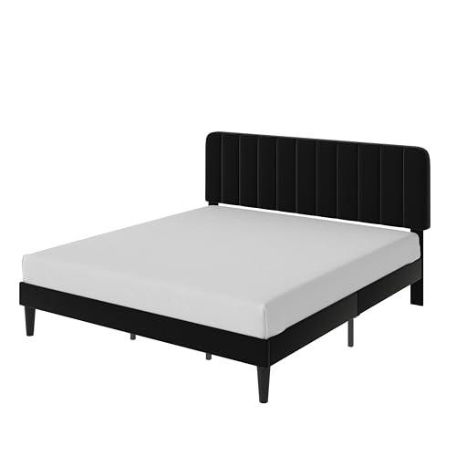 Image of VECELO King Size Bed Frame with Upholstered Headboard, Velvet Platform Bedframe Mattress Foundation, Strong Wood Slat Support, No Box Spring Needed,Black