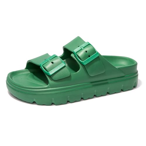 FUNKYMONKEY EVA Slides for Women Thick-sole Adjustable Double Buckle Waterproof Platform Sandals (8 M US Green/HDSPK)