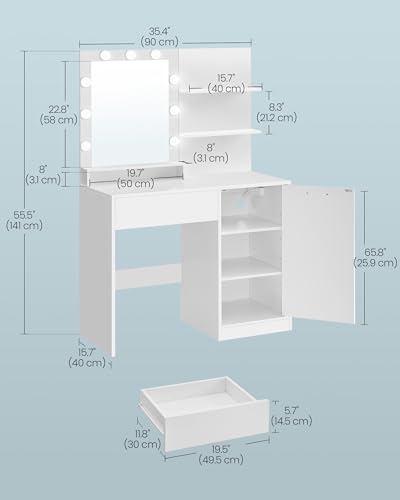 Image of VASAGLE KAILYN Collection - Vanity Desk with Mirror and Lights, 35.4-Inch Wide Makeup Vanity with Stool, Power Outlets, LED Lights, Storage Drawer, for Bedroom, Modern, Cloud White URDT128WB01S
