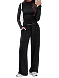 Sampeel Lounge Sets for Women Long Sleeve Wide Leg Comfy 2 Piece Airport Outfits 2025 Sweatsuits Winter Clothes Black L