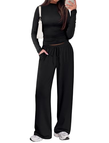 SAMPEEL Two Piece Lounge Set for Women 2 Piece Fall Outfits 2025 Mock Neck Ruched Tops Wide Leg Pants Travel Airport