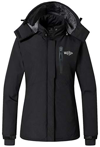 Wantdo Chaqueta de Senderismo Deportiva Invierno Chaqueta de Esquí Antiviento Impermeable Parka Cálida Forro Polar con Capucha Abrigo de Lana para Exteriores para Mujer Negro X-Large