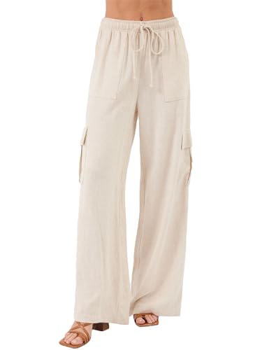 Beautiful Nomad Women's Linen Cargo Pants Casual High Waisted Wide Leg Pant Baggy Trousers with Pockets Beige