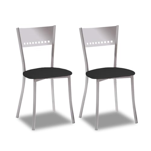 2 Sillas metálicas con respaldo de escalera y asiento tapizado - Estructura color aluminio - Asiento en Polipiel negra