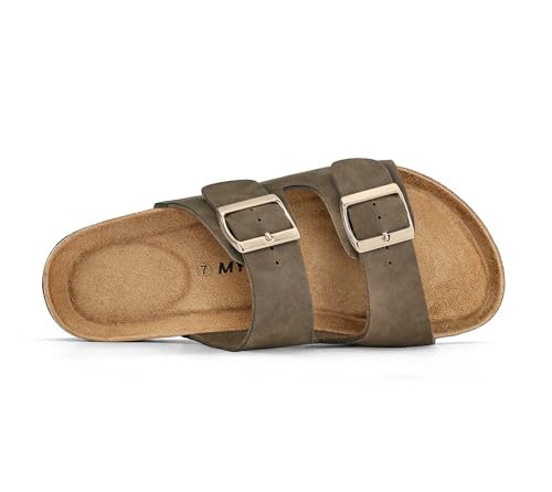 Image of mysoft Womens Flat Sandals Cork Footbed Slides with 2 Straps | Adjustable Buckle Slip On Comfortable Casual Light Weight Summer sandals