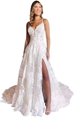 Lace Applique Wedding Dresses for Bride 2025 Spaghetti Straps V Neck Bridal Dress with Slit Backless Bridal Gown KN046