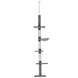 PawHut Árbol Rascador para Gatos 40x34x230-260 cm Árbol Escalador de Gato para Fijar al Techo Altura Ajustable con Plataformas Hamaca y Postes de Sisal Gris