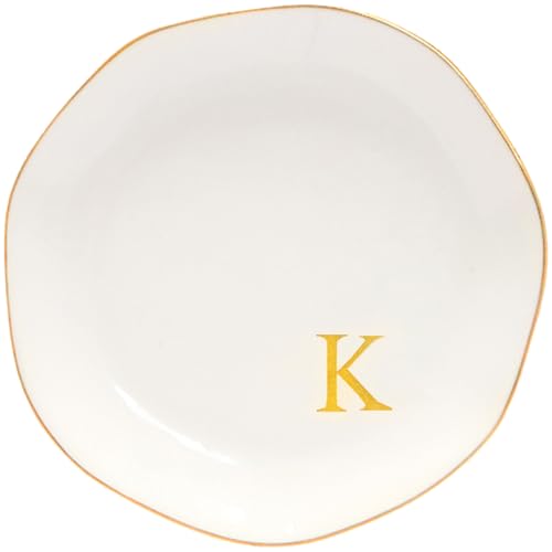 Image of Ceramic Jewelry Tray Initial Ring Dish Personalized K-Monogrammed Engagement Wedding Gifts, for Birthday Mother's Day Christmas for Women, Ceramic White 4.75 inch (K)