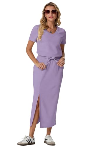 Image of GRECERELLE Women Summer Casual 2 Piece Sets V-Neck Wrinkle-Free Top & Elastic Waist Midi Side Slit Skirt with Pockets