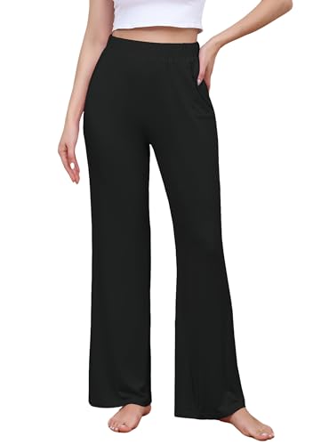 Image of Veseacky Womens Wide Leg Yoga Pants High Waisted Comfy Casual Loose Pants Lightweight Loose Casual Pajama Pants with Pockets(Black,L)