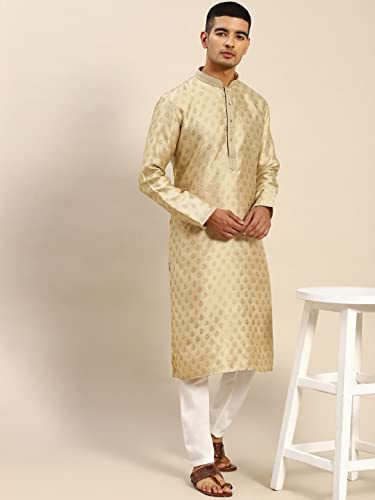 Image of Rajubhai Hargovindas Men's Silk Kurta With Ethnic Motifs Work Woven Design