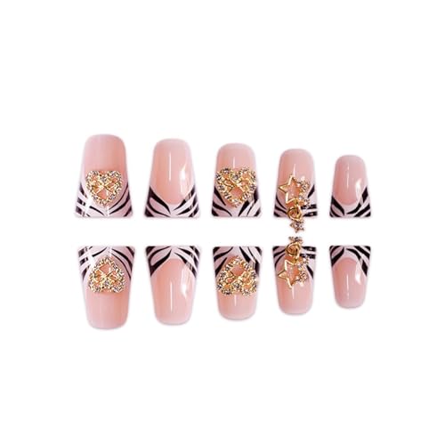 Image of Black White Nail Press ons French Tip Fake Nails Heart Star with Design Duck Glue on Nails Stripe False Nails Glossy Reusable Artificial Acrylic Full Cover Stick on Nails for Women Manicure 24Pcs
