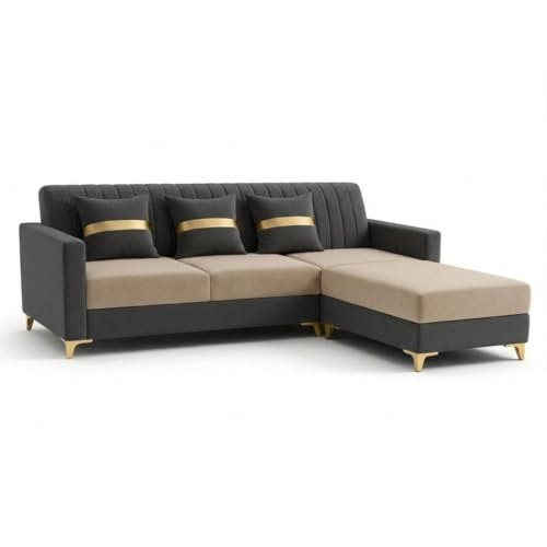 Image of CASASTYLE Signature Groovy 4-Seater L-Shape Sofa Set with Movable Ottoman | Flexible LHS /RHS Layout | Boston Fabric & Plush Cushions | 40D Foam + Zigzag Spring | 3-Yr Warranty (Dark Grey -Beige)