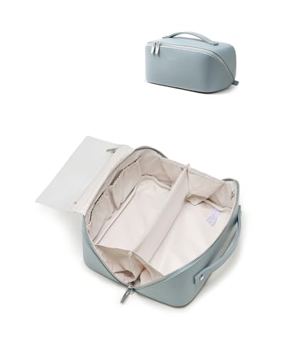 Image of EACHY Travel Makeup Bag, Large Capacity Cosmetic Bag for Women, Waterproof PU Leather, Flat Open Portable Toiletry Bag for Skincare, Brushes & Travel Essentials