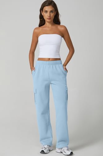 Image of QINSEN Baggy Medium Waist Elastic Sweatpants for Womens Casual Long Fleece Cargo Pants with Pockets