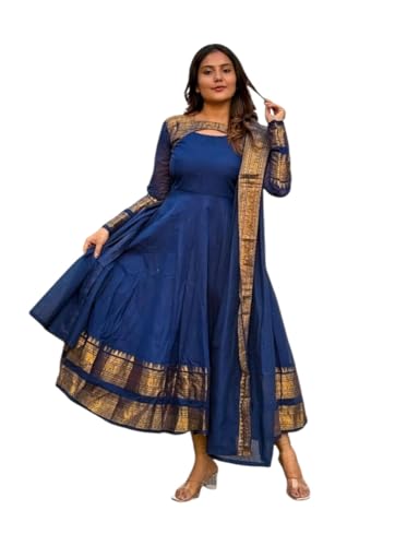 Image of Blueberry Maxi Dress for Women in Silk Cotton Fabric - Jacquard Weaving with Jari, Full Flared Design & Unique Butterfly Back Pattern