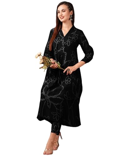 Image of GoSriKi Women's Rayon Blend A-Line Printed Kurta with Pant