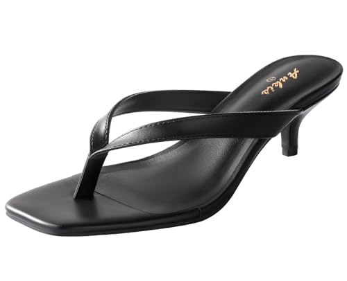 Ankis Kitten Heels for Women, Black Brown Square Toe Flip Flop Heels 2 Inch Low Heeled Thong Summer Sandals