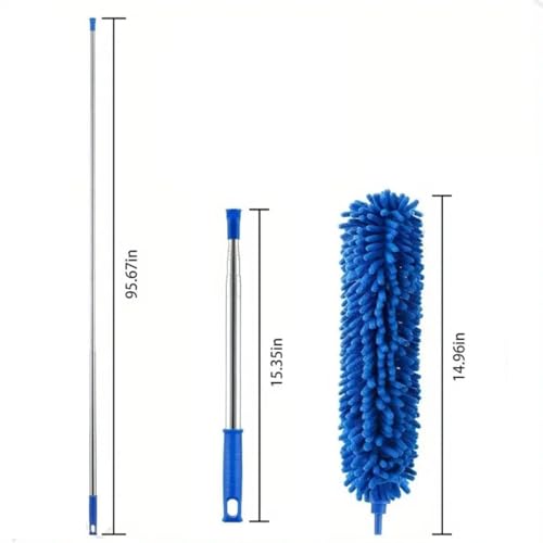 Image of Microfiber Feather Chenille Duster for Dust Cleaning with extendable Pole 100 Inch with Anti Scratch Bendable Washable Duster with High Cobweb Stick for High Ceiling Fans, Furniture - Blue