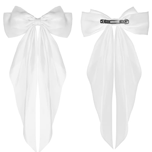 WLLHYF Big Bow Barrettes 2 Pieces Soft Silky Satin Hair Clip Long Tail French Ribbon Hair Pins Metal Bowknot Clips 90's Accessories for Party Valentine's Day Women Girl (White+White) - Image 4