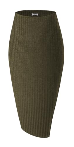 Urban CoCo Women's High Waist Stretch Ribbed Knit Pencil Skirt Midi Length with Side Slit Office Work Bodycon Style Army Green