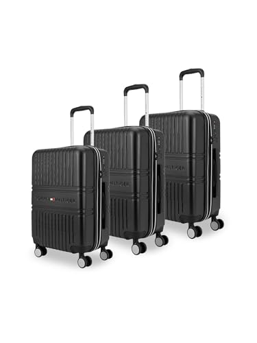 Image of Tommy Hilfiger Stanford Luggage Set of 3 (Cabin, Mid & Cargo)- Black | Polycarbonate Hardshell Suitcase | Expandable Trolley Bags with Flushed TSA Lock, 360 Spinner Wheels & Telescopic Handles