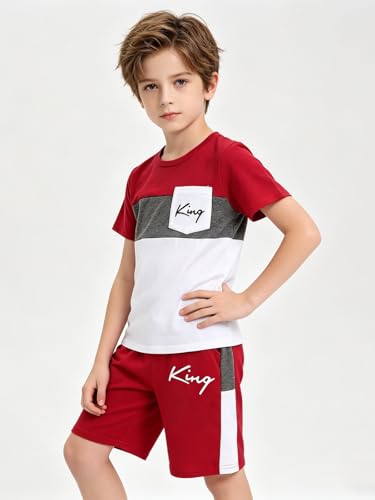 Image of Size 6-12 Years Boys Summer Outfits Set Kids Short Sleeve Top T-Shirt & Shorts Color Block Clothing Sets