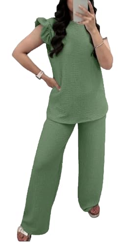 Ensemble pop corn femme avec haut manches volantées et pantalon évasé stretch original