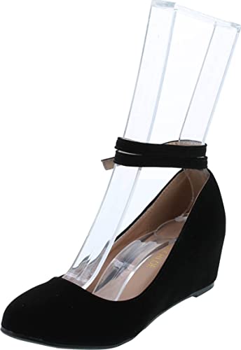 Chase & Chloe Womens Bobby-12 Round Toe Med Low Heel Wedge Pump,Black Nubuck,8.5