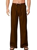 Pantalon Lin Homme Été Léger Coton Pantalon Décontracté Taille Élastique Cordon de Serrage avec Poches Marron L