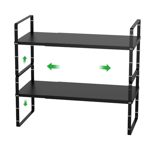 WEJIPP Cabinet Organizer Shelf Expandable,Pantry Organizer Stackable Shelves,Kitchen Counter Under Sink Storage Shelf for Kitchen,Countertop,Cupboard,Inside Cabinet,10.24" D,Black,2 Packs