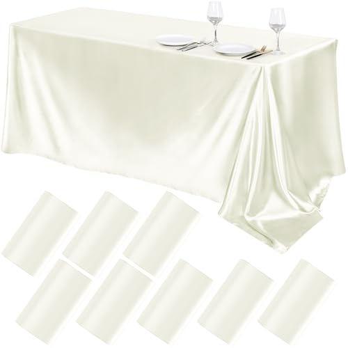 Image of TURSTIN 8 Pack Ivory Satin Tablecloth 102 x 58 Inch Overlay Table Cover