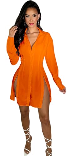 Image of Shirt Dress for Women Sexy Button Down Date Night Dresses Ruched Slit Stand Collar Long Sleeve Blouses
