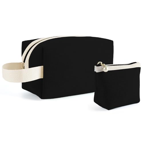 Kytpyi Neceser Mujer, Bolsa de Maquillaje, 2 Piezas Delicado Blando Neceser Maquillaje Pana con Compartimentos Asa, Bolsa de Aseo Mujer Portátil para Viaje Vida Diaria (Negro)