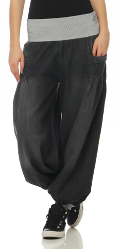 Malito – Damen Haremshose im Denim Style – Unisize Pumphose aus 100% Baumwolle – perfekte Jeans zum Tanzen & Chillen – Pluderhose mit Taschen – Aladinhose für Frauen 6258 (Grau)