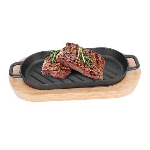 Uonlytech Plaque de Cuisson Fonte avec Planche Bois Poêle à Rôtir et Saisir Style Teppanyaki pour Steak Poisson et Barbecue Adaptée Gaz et Induction Set Compact pour Repas Conviviaux