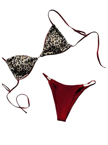 MakeMeChic Women's Leopard Print Bikini Set Spaghetti Strap Tie Back String Thong Swimsuits