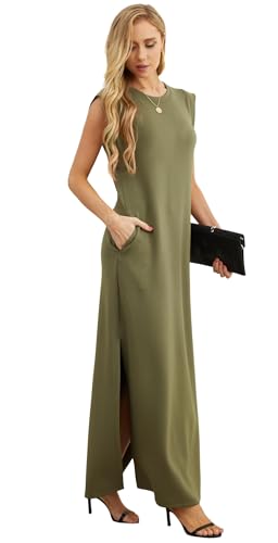 Image of HiMONE Womens Petite Maxi Dress Round Neck Loose Split Wrinkle Free Pockets